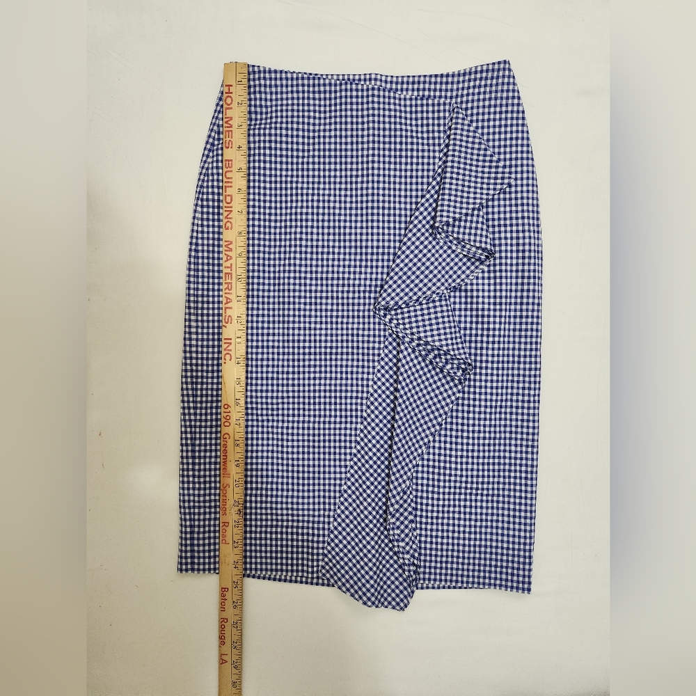 J. Crew Royal Blue and White Preppy Gingham Ruffle-Trim Pencil Skirt - Picture 6 of 8